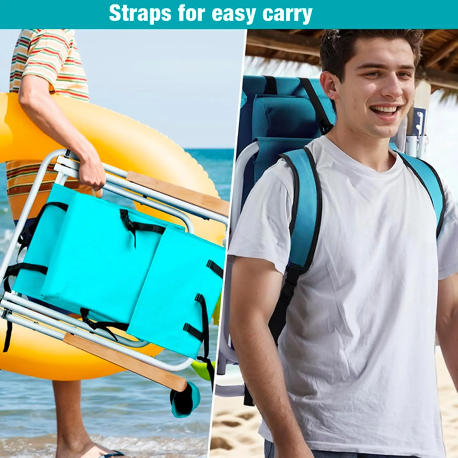 Folding Beach Chair Set of 2 for Adults,4 Position Portable Backpack Foldable Camping Chair with Headrest Cup Holder and Wooden Armrests,Adjustable high Beach Lounge Chairs for Outdoor (2PcsLightBlue)