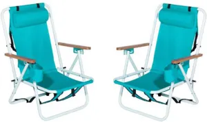 Folding Beach Chair Set of 2 for Adults,4 Position Portable Backpack Foldable Camping Chair with Headrest Cup Holder and Wooden Armrests,Adjustable high Beach Lounge Chairs for Outdoor (2PcsLightBlue)