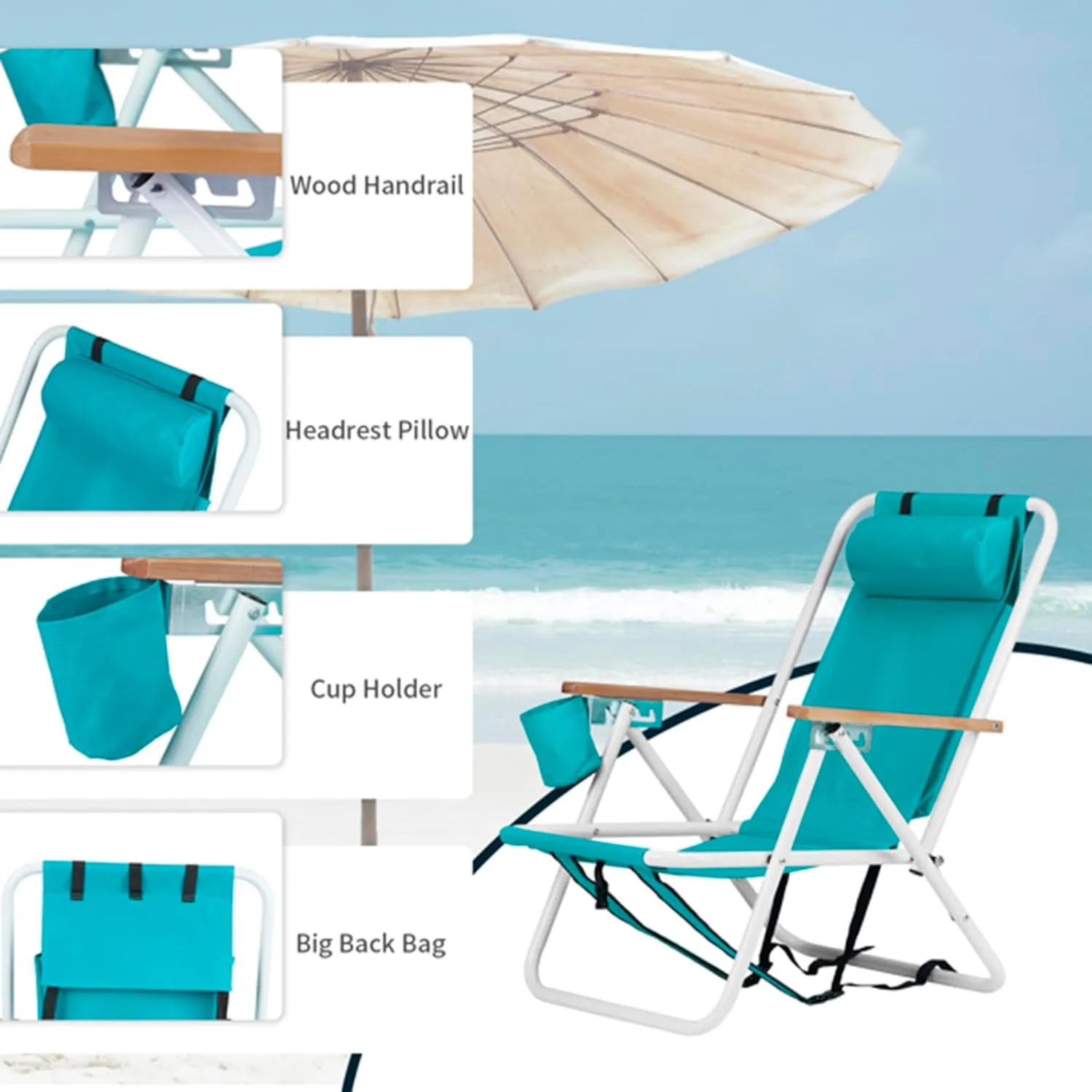 Folding Beach Chair Set of 2 for Adults,4 Position Portable Backpack Foldable Camping Chair with Headrest Cup Holder and Wooden Armrests,Adjustable high Beach Lounge Chairs for Outdoor (2PcsLightBlue)