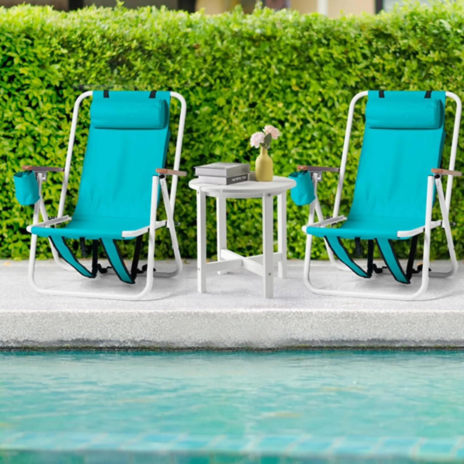 Folding Beach Chair Set of 2 for Adults,4 Position Portable Backpack Foldable Camping Chair with Headrest Cup Holder and Wooden Armrests,Adjustable high Beach Lounge Chairs for Outdoor (2PcsLightBlue)
