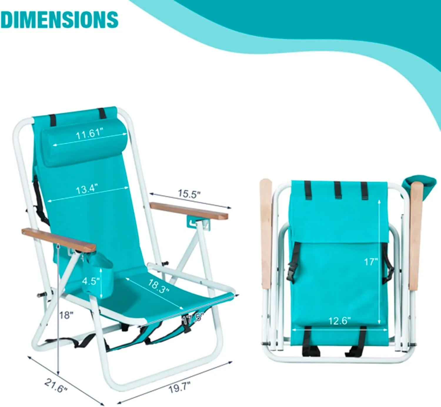Folding Beach Chair Set of 2 for Adults,4 Position Portable Backpack Foldable Camping Chair with Headrest Cup Holder and Wooden Armrests,Adjustable high Beach Lounge Chairs for Outdoor (2PcsLightBlue)