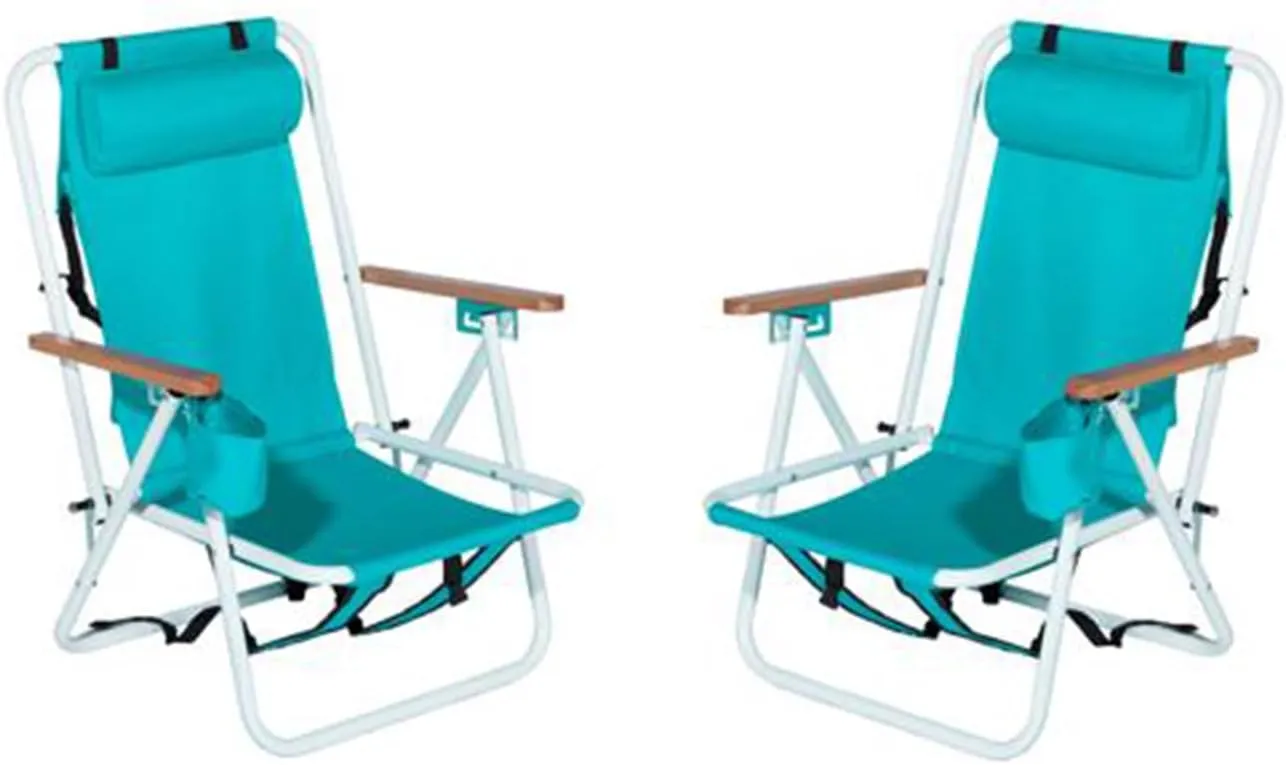 Folding Beach Chair Set of 2 for Adults,4 Position Portable Backpack Foldable Camping Chair with Headrest Cup Holder and Wooden Armrests,Adjustable high Beach Lounge Chairs for Outdoor (2PcsLightBlue)