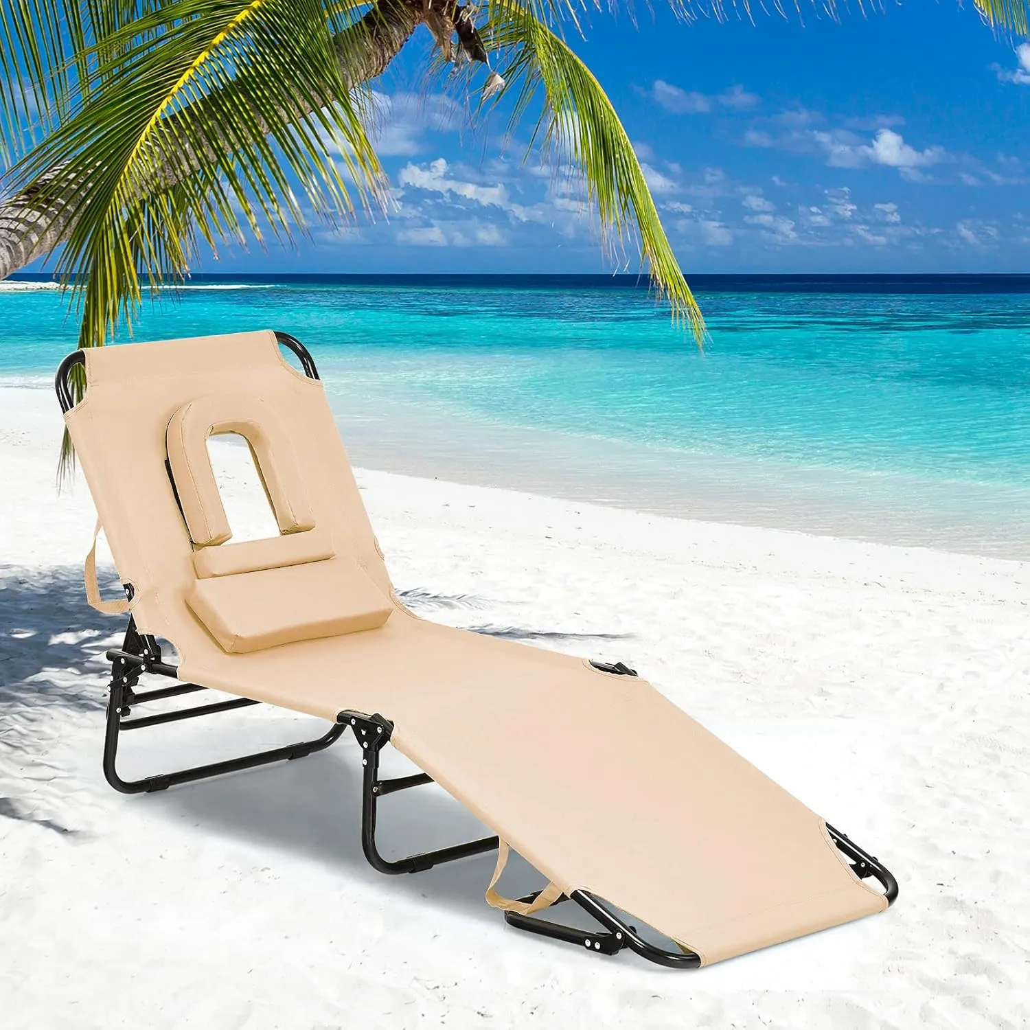 Folding Beach Lounge Chair w/ 5 Adjutable Backrest & Padded Pillow, Sunbathing Lounger Chair, Sun Tanning Lay Flat Chair for Seaside Pool Deck, Max Load 330 LBS, No Assembly Required (Beige)