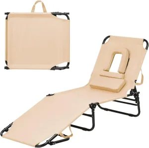 Folding Beach Lounge Chair w/ 5 Adjutable Backrest & Padded Pillow, Sunbathing Lounger Chair, Sun Tanning Lay Flat Chair for Seaside Pool Deck, Max Load 330 LBS, No Assembly Required (Beige)