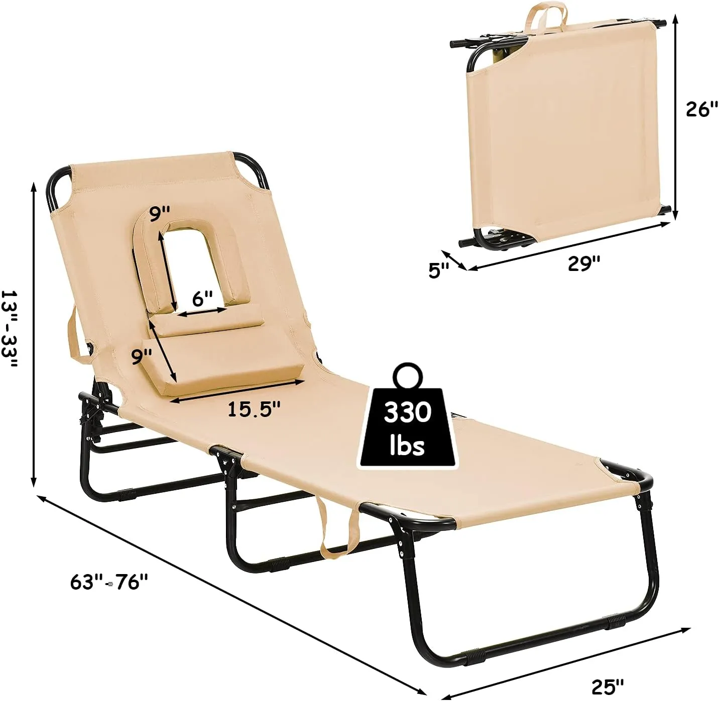 Folding Beach Lounge Chair w/ 5 Adjutable Backrest & Padded Pillow, Sunbathing Lounger Chair, Sun Tanning Lay Flat Chair for Seaside Pool Deck, Max Load 330 LBS, No Assembly Required (Beige)