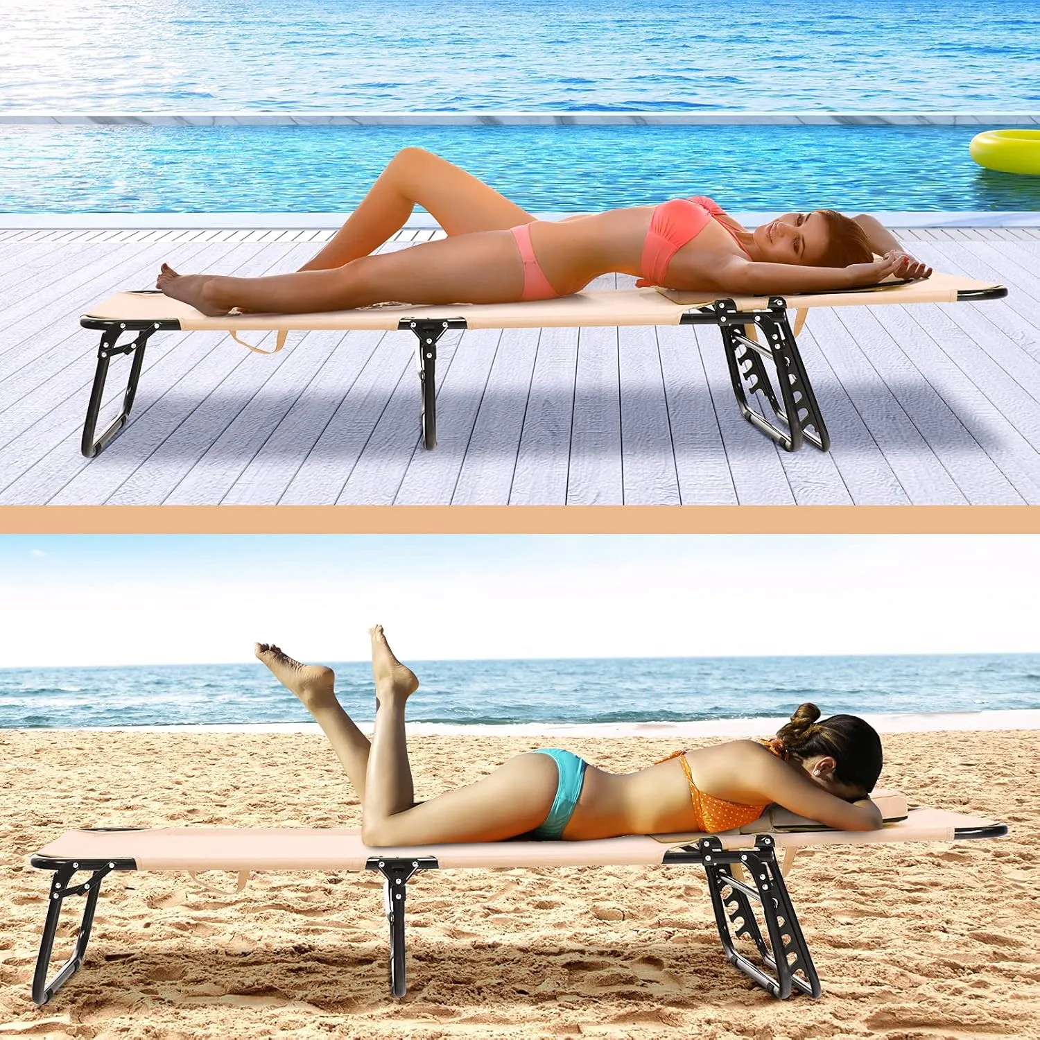 Folding Beach Lounge Chair w/ 5 Adjutable Backrest & Padded Pillow, Sunbathing Lounger Chair, Sun Tanning Lay Flat Chair for Seaside Pool Deck, Max Load 330 LBS, No Assembly Required (Beige)
