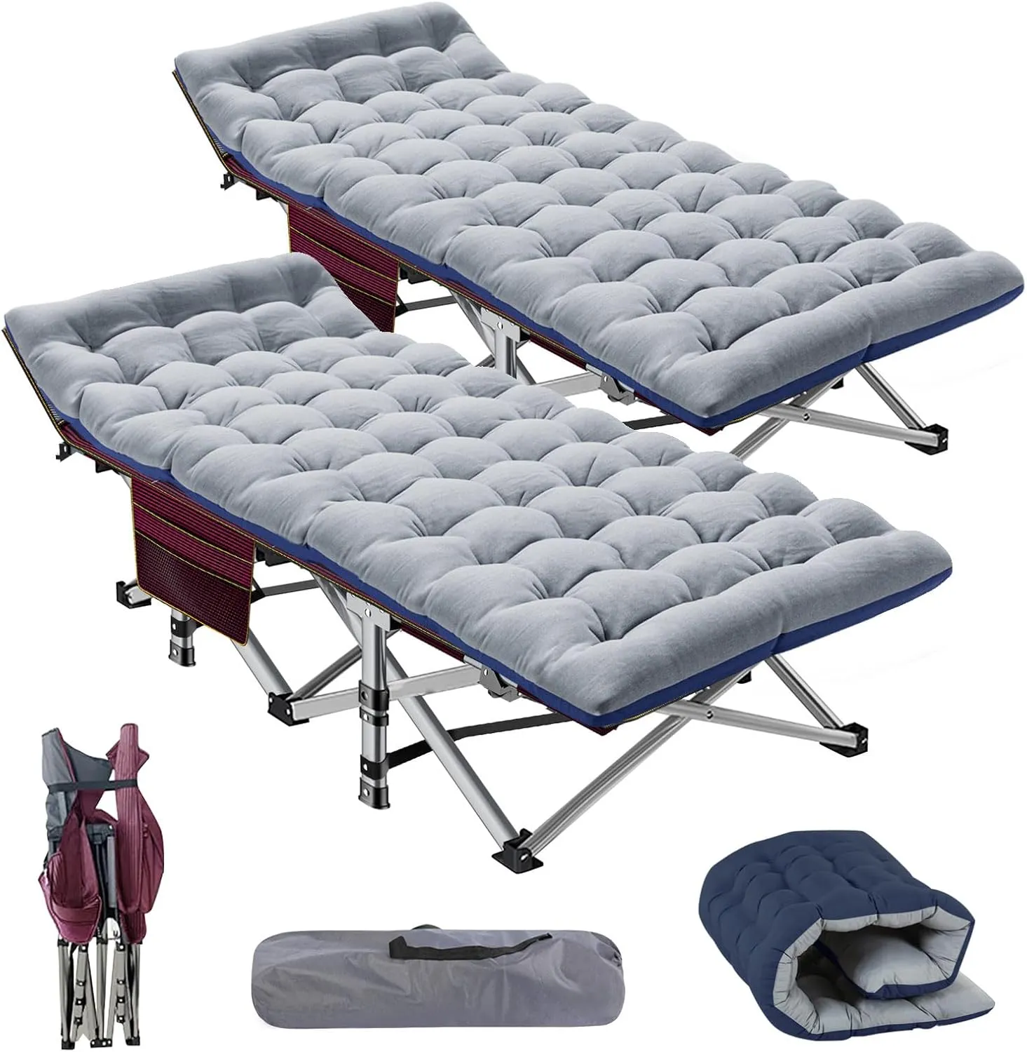 Folding Camping Cot, 2 Pack Portable Sleeping Cot with Mattress, Foldable Outdoor Bed, Guest Bed with Carry Bag for Home, Office & Outdoor Use