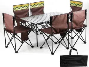 Folding Camping Table with Seats, Portable Aluminum Picnic and Chairs Carrying Storage Bag, Compact Patio for Indoor Outdoor, Brown
