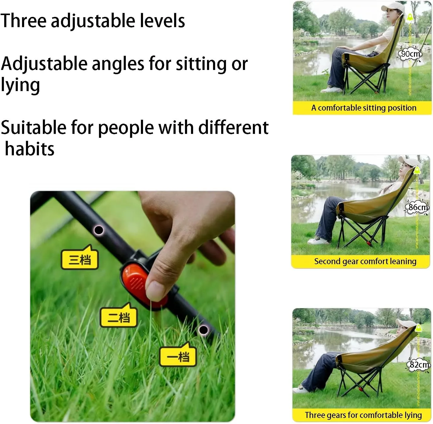 Folding Chairs for Outside, Three-Level Adjustable Height with backrest, Comfortable and Widened Folding seat, Camping Chairs, Portable Recliner, Beach Fishing Picnic Chair(Black)