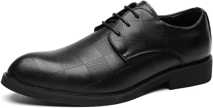 Formal Dress Shoes for Men Lace Up Pointed Toe Plaid Vegan Leather Derby Shoes Low Top Non Slip Resistant Anti-Slip Rubber Sole Wedding