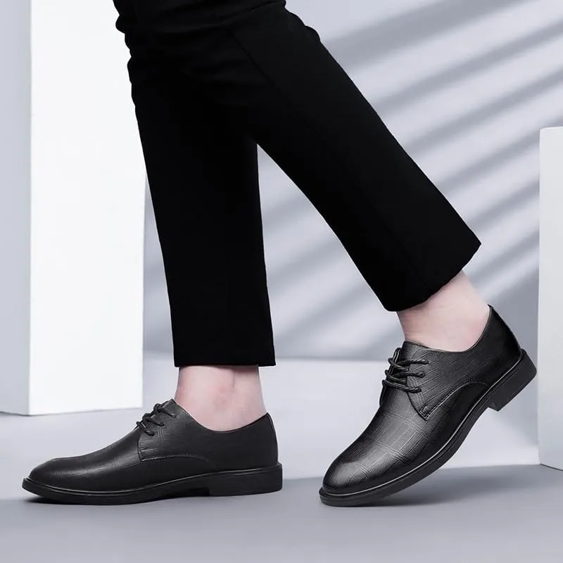 Formal Shoes Dress Oxford for Men Lace Up Round Toe Plaid Print Leather Derby Shoes Non Slip Resistant Block Heel Rubber Sole Anti-Slip Business