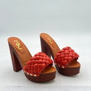 FSJ Orange Braided Open Toe Chunky High Heel Sandal Woven Slip On Mule