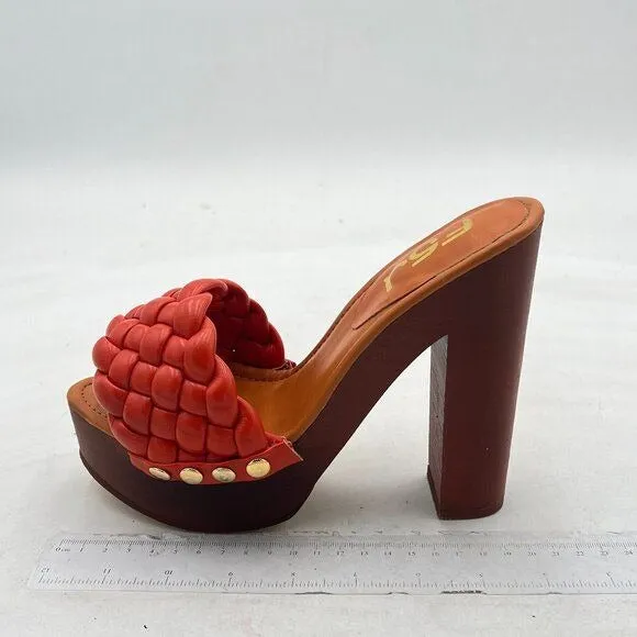 FSJ Orange Braided Open Toe Chunky High Heel Sandal Woven Slip On Mule