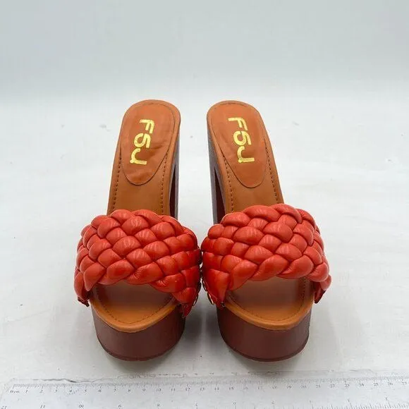 FSJ Orange Braided Open Toe Chunky High Heel Sandal Woven Slip On Mule