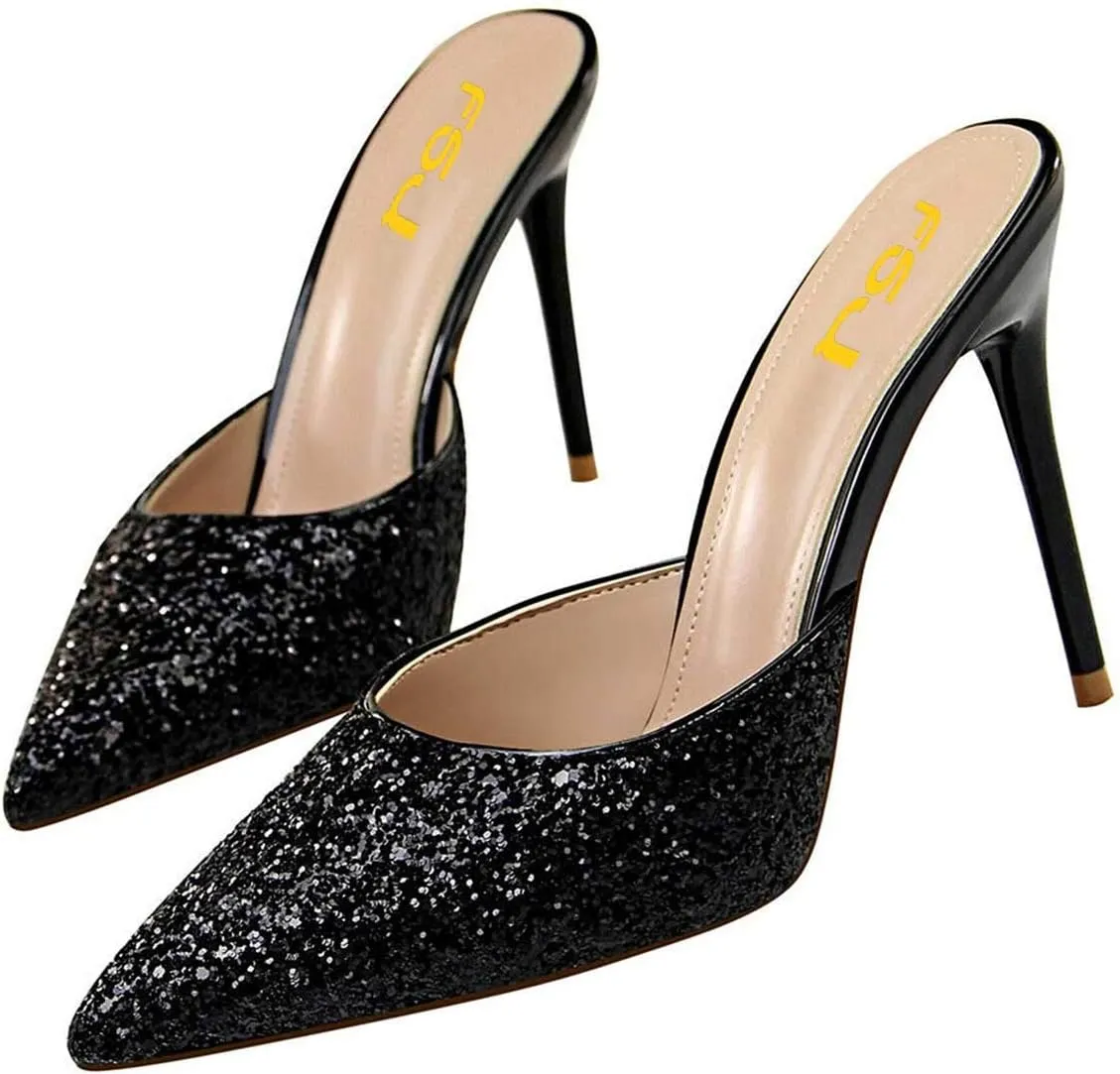 FSJ Women Slip On Mid High Heeled Mules Slipper Closed Pointed Toe Sandals Slides Dress Shoes Size 4-15 US