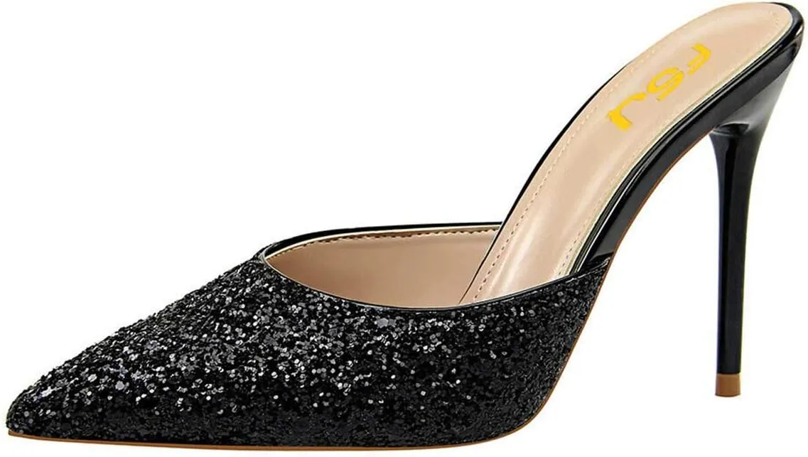 FSJ Women Slip On Mid High Heeled Mules Slipper Closed Pointed Toe Sandals Slides Dress Shoes Size 4-15 US