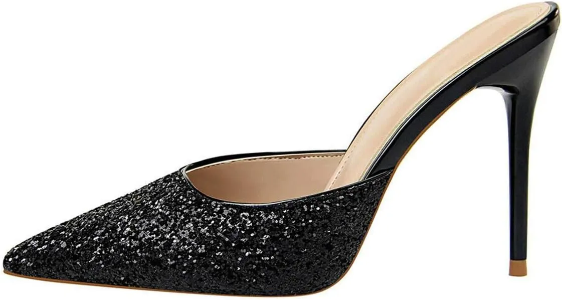 FSJ Women Slip On Mid High Heeled Mules Slipper Closed Pointed Toe Sandals Slides Dress Shoes Size 4-15 US