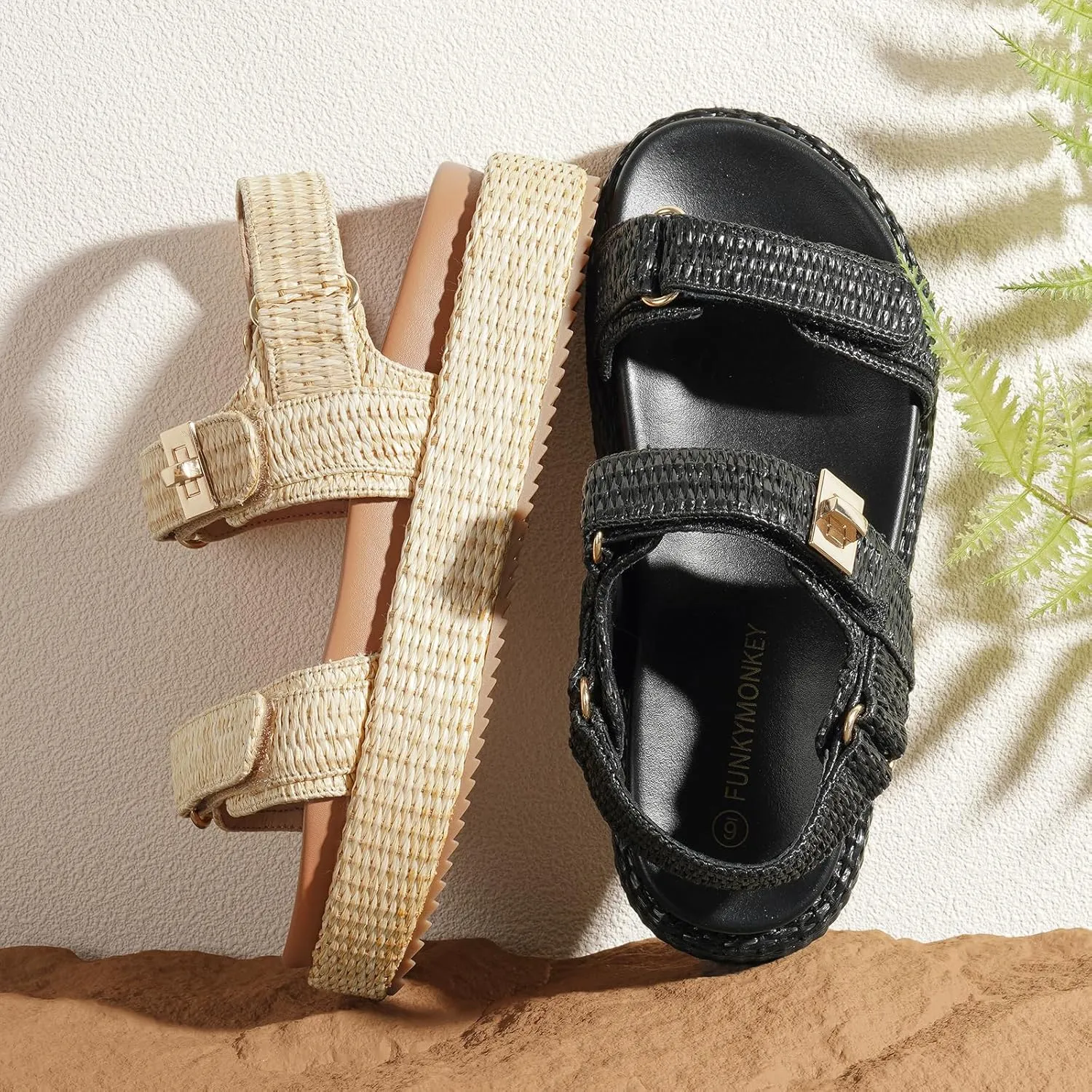 FUNKYMONKEY Women's Low Wedge Platform Sandals Open Toe Adjustable Double Strap Beach Casual Sandals