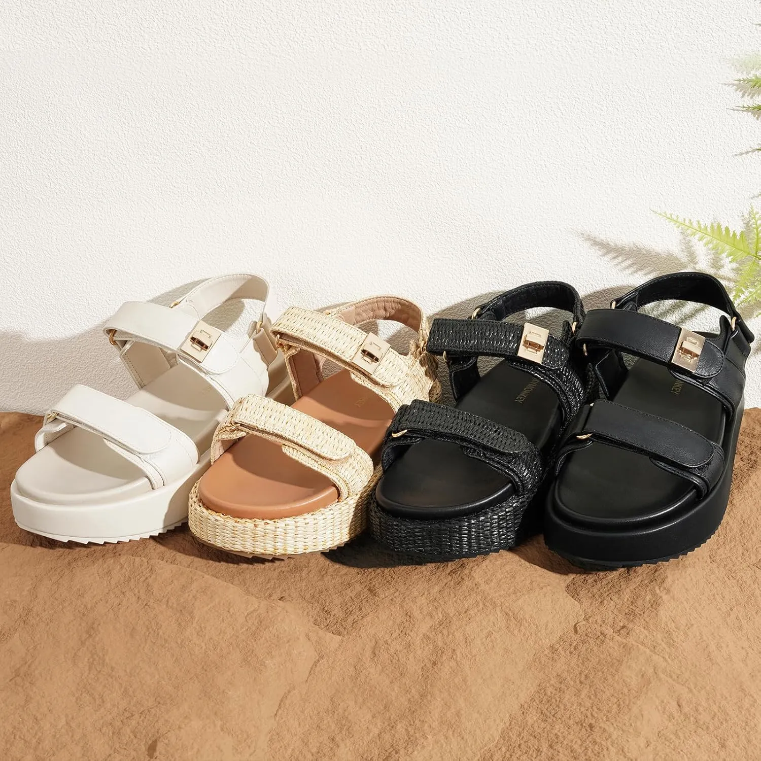 FUNKYMONKEY Women's Low Wedge Platform Sandals Open Toe Adjustable Double Strap Beach Casual Sandals