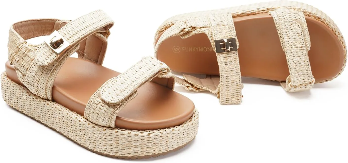 FUNKYMONKEY Women's Low Wedge Platform Sandals Open Toe Adjustable Double Strap Beach Casual Sandals
