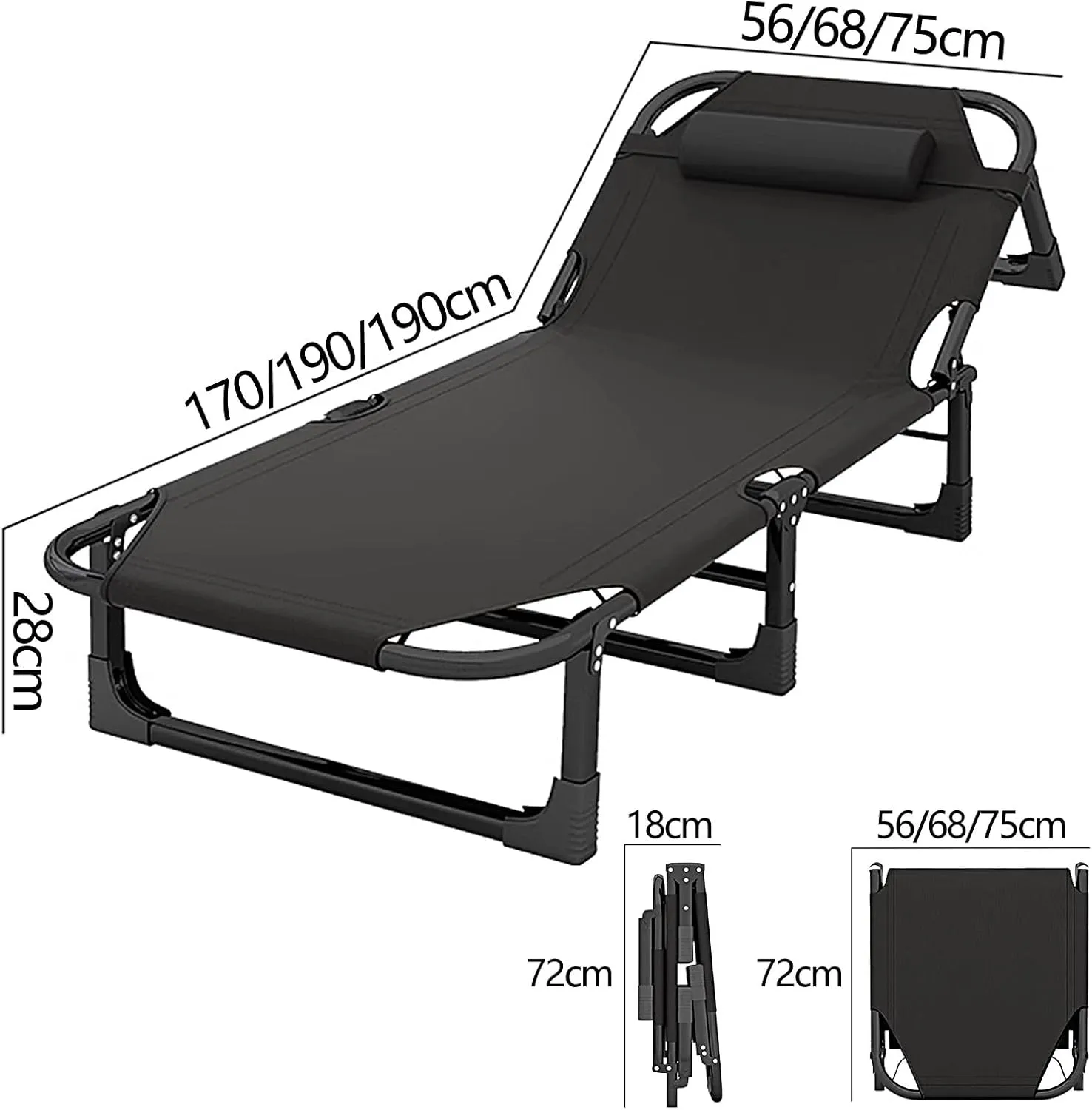 Generic Foldable Bed with Mattress 4 Positions Adjustable Reclining Folding Camping Cot Sleeping Bed Outdoor Portable Chaise Lounge Chair with Antis Slip Mat(Black,170 * 56 * 28cm)
