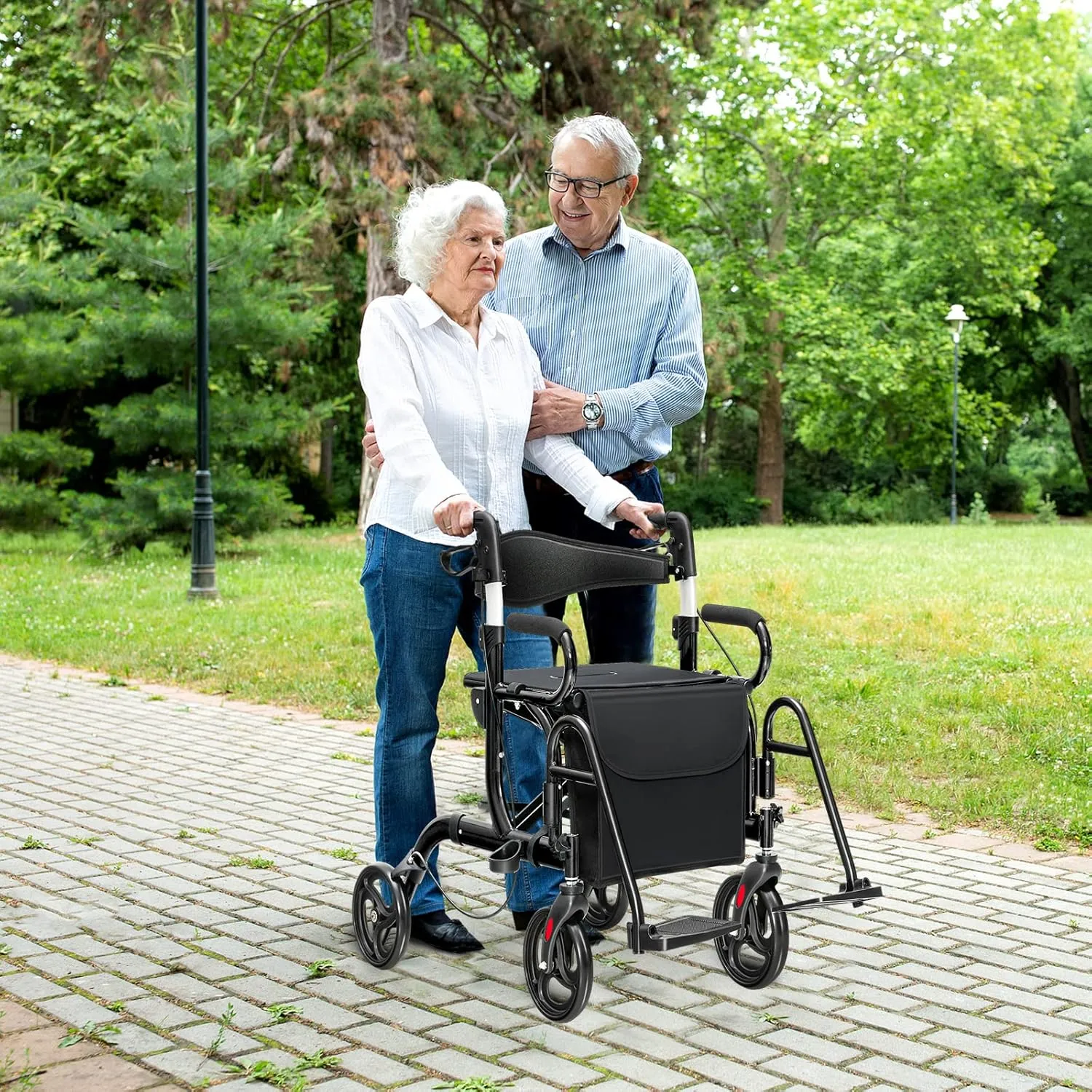 GOFLAME 2-in-1 Rollator Walker for Seniors, Folding Transport Chair with Seat, Reversible Backrest, Storage Bag, Height Adjustable Handle, Umbrella Holder & Pedal, 4 Wheel Mobility Walking Aid, Black