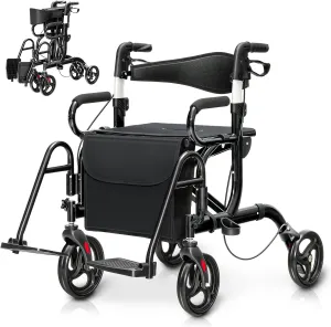 GOFLAME 2-in-1 Rollator Walker for Seniors, Folding Transport Chair with Seat, Reversible Backrest, Storage Bag, Height Adjustable Handle, Umbrella Holder & Pedal, 4 Wheel Mobility Walking Aid, Black