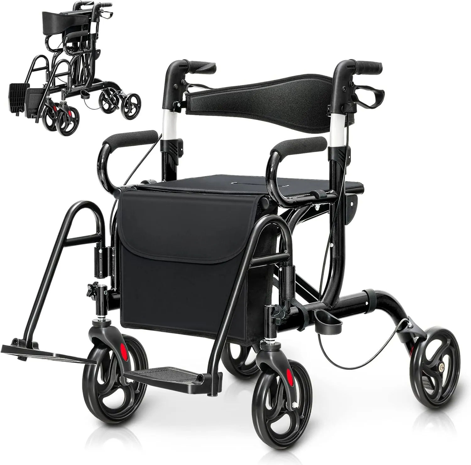 GOFLAME 2-in-1 Rollator Walker for Seniors, Folding Transport Chair with Seat, Reversible Backrest, Storage Bag, Height Adjustable Handle, Umbrella Holder & Pedal, 4 Wheel Mobility Walking Aid, Black