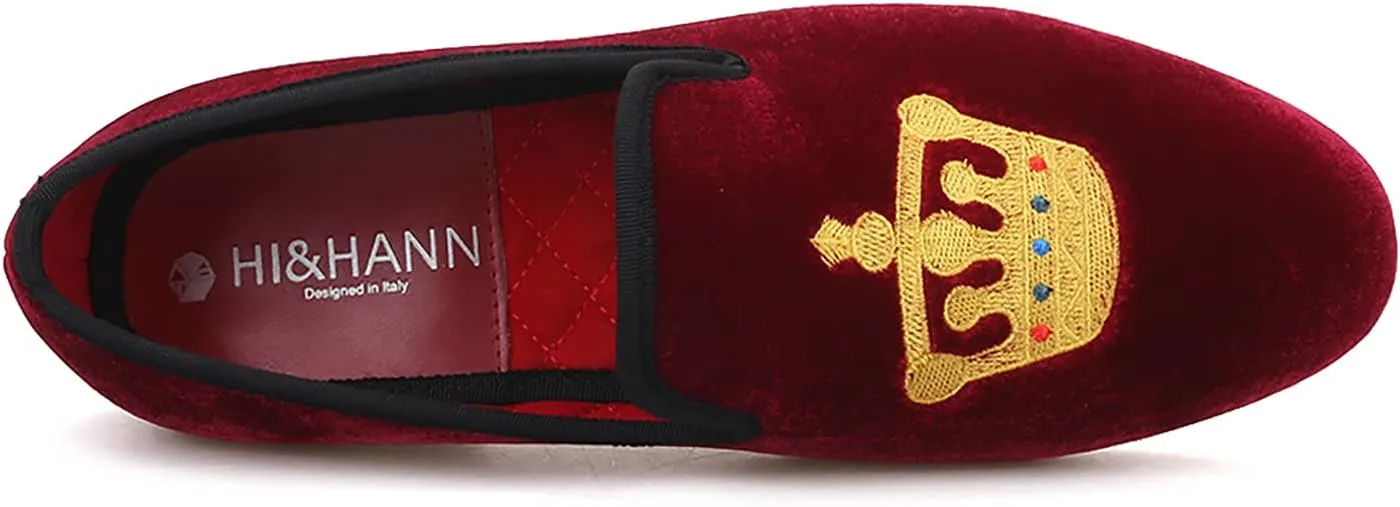HI&HANN Men's Embroidered Velvet Loafer Shoes Slip-on Loafer Round Toes Smoking Slipper