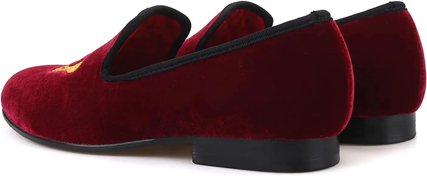 HI&HANN Men's Embroidered Velvet Loafer Shoes Slip-on Loafer Round Toes Smoking Slipper