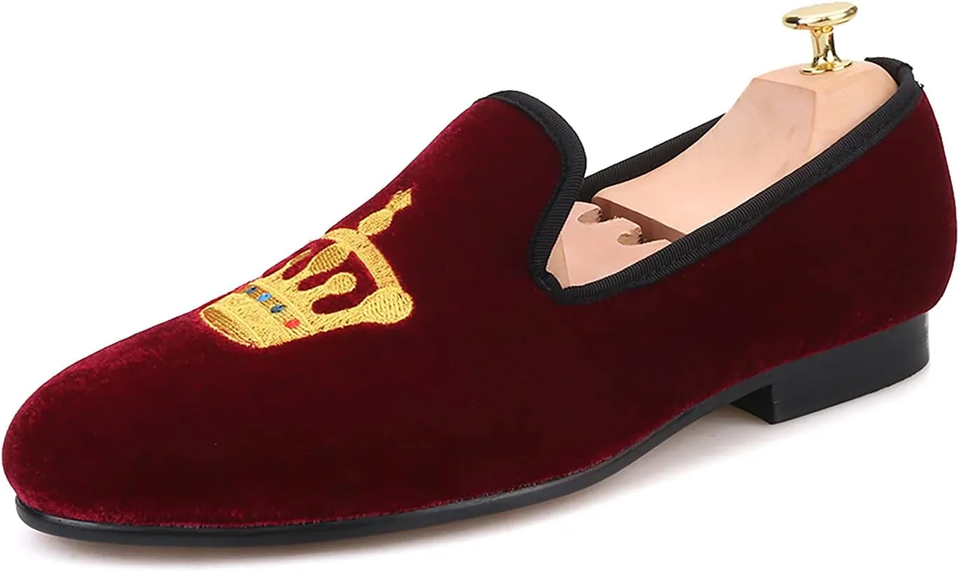 HI&HANN Men's Embroidered Velvet Loafer Shoes Slip-on Loafer Round Toes Smoking Slipper
