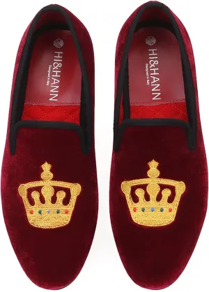 HI&HANN Men's Embroidered Velvet Loafer Shoes Slip-on Loafer Round Toes Smoking Slipper