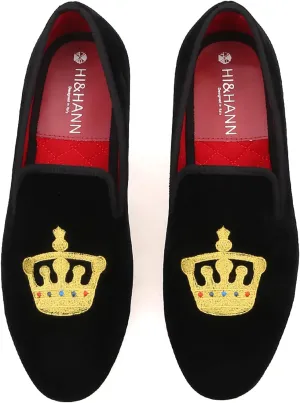 HI&HANN Men's Embroidered Velvet Loafer Shoes Slip-on Loafer Round Toes Smoking Slipper