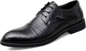 HOOENG Dress Oxford for Men Lace Up Brogue Embossed Cap Round Toe Derby Shoes Vegan Leather Low Top Rubber Sole Block Heel Anti-Slip Non Slip Wedding (Color : Black, Size : 7)
