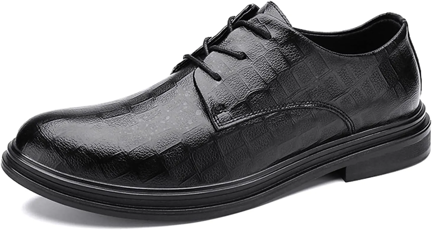 HOOENG Dress Oxford Formal Shoes for Men Lace Up Plaid Round Toe Derby Shoes Vegan Leather Rubber Sole Slip Resistant Anti-Slip Block Heel Classic