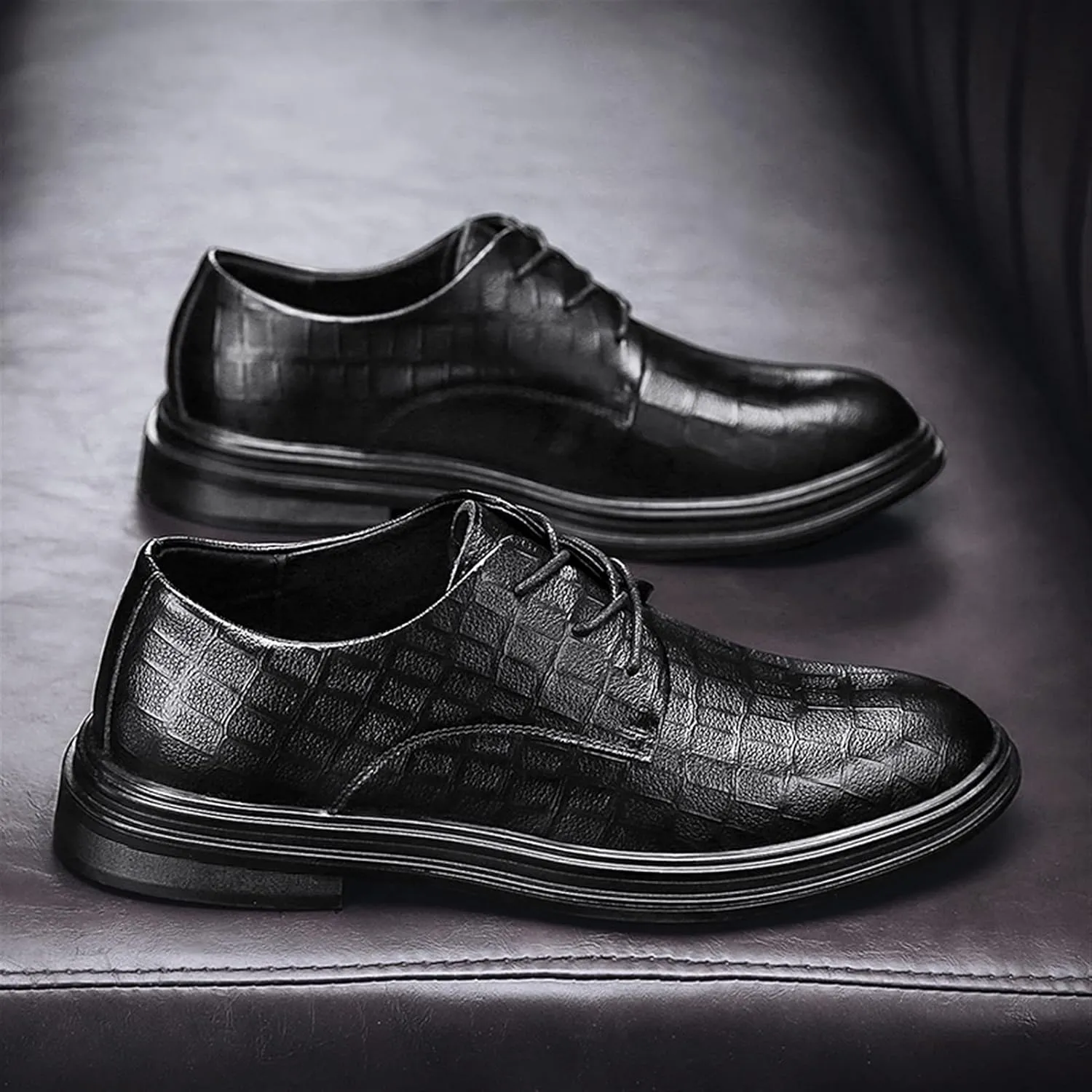 HOOENG Dress Oxford Formal Shoes for Men Lace Up Plaid Round Toe Derby Shoes Vegan Leather Rubber Sole Slip Resistant Anti-Slip Block Heel Classic