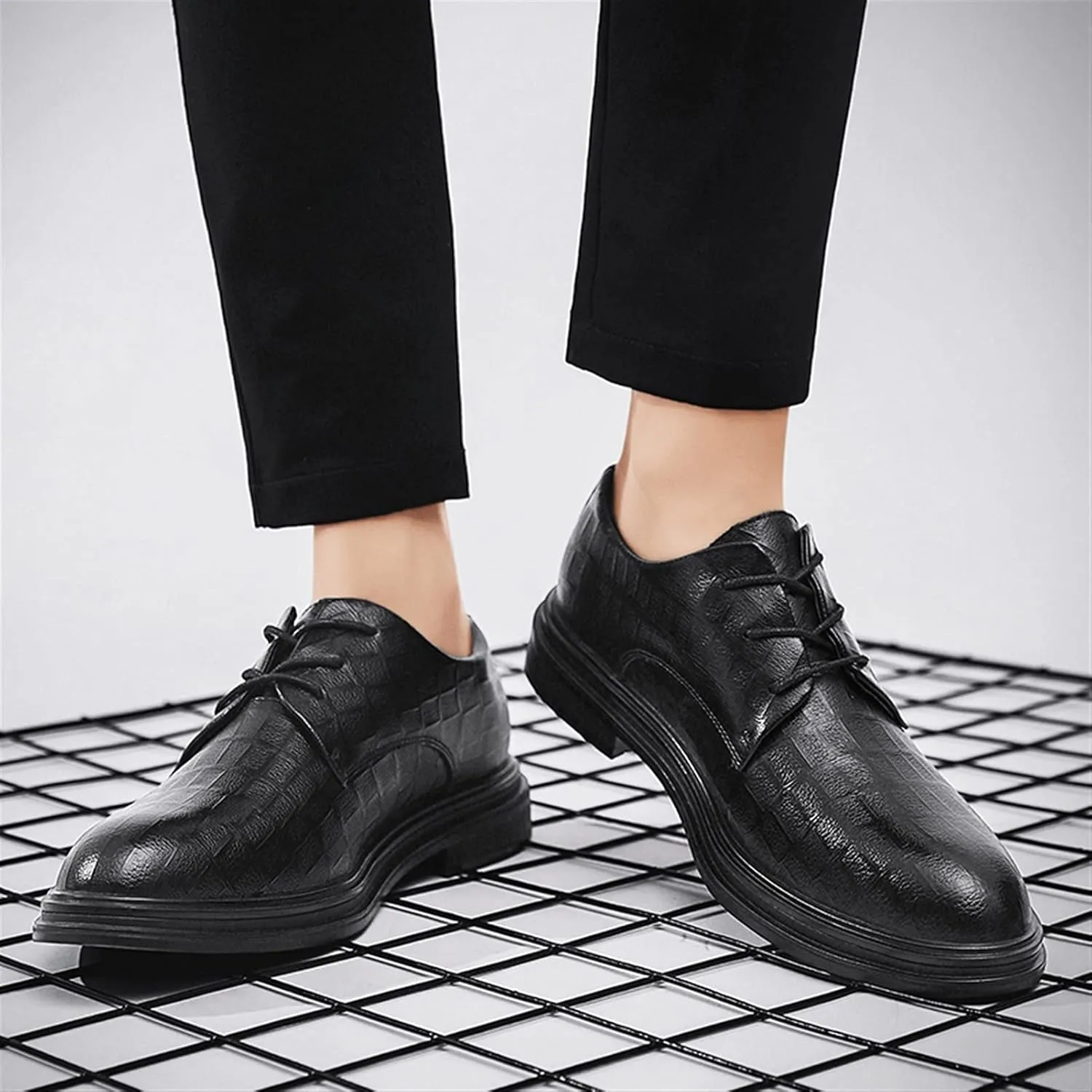 HOOENG Dress Oxford Formal Shoes for Men Lace Up Plaid Round Toe Derby Shoes Vegan Leather Rubber Sole Slip Resistant Anti-Slip Block Heel Classic