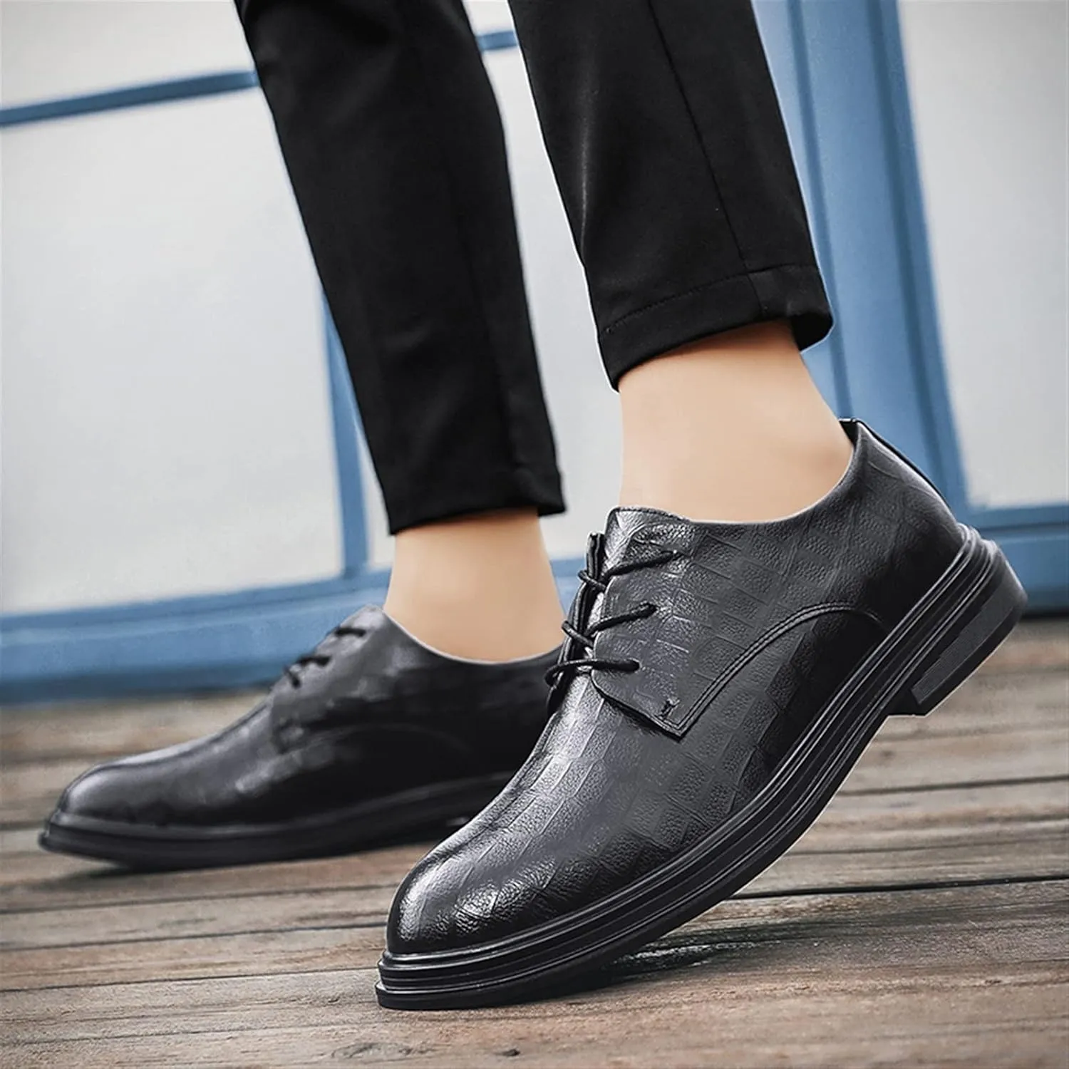 HOOENG Dress Oxford Formal Shoes for Men Lace Up Plaid Round Toe Derby Shoes Vegan Leather Rubber Sole Slip Resistant Anti-Slip Block Heel Classic