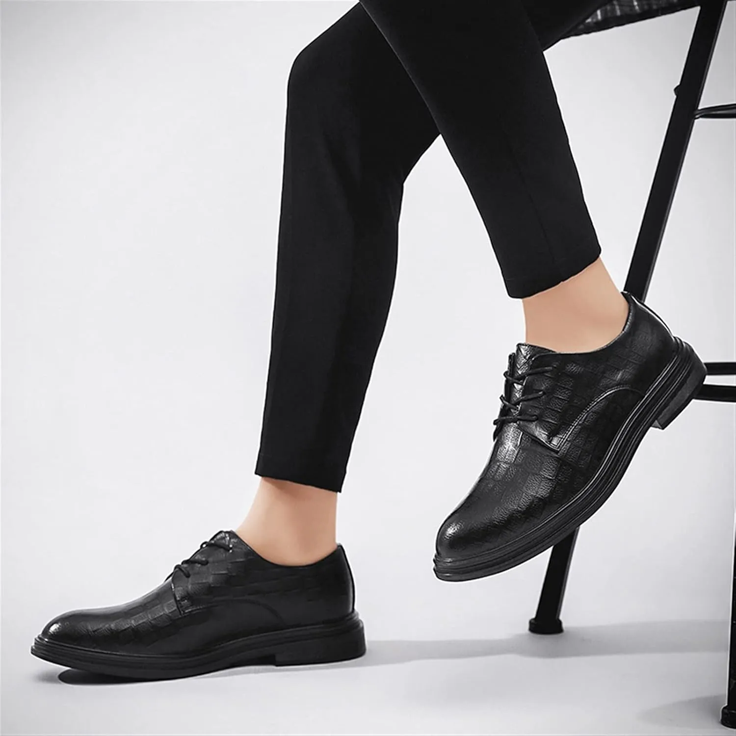 HOOENG Dress Oxford Formal Shoes for Men Lace Up Plaid Round Toe Derby Shoes Vegan Leather Rubber Sole Slip Resistant Anti-Slip Block Heel Classic