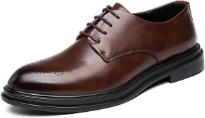 HOOENG Dress Shoes for Men Lace Up Derby Shoes Brogue Embossed Black Burnished Toe Vegan Leather Non Slip Anti-Slip Block Heel Low Top Rubber Sole Wedding