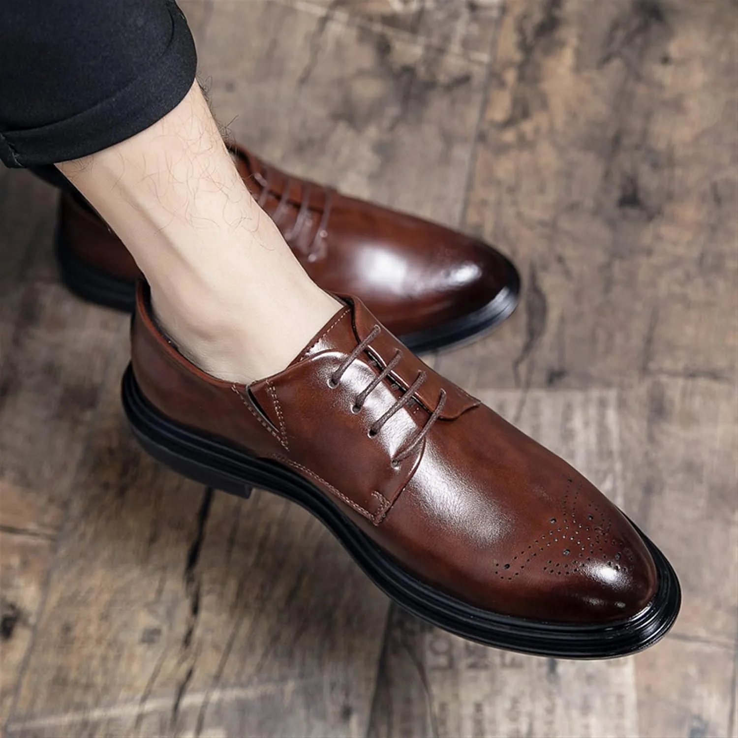 HOOENG Dress Shoes for Men Lace Up Derby Shoes Brogue Embossed Black Burnished Toe Vegan Leather Non Slip Anti-Slip Block Heel Low Top Rubber Sole Wedding