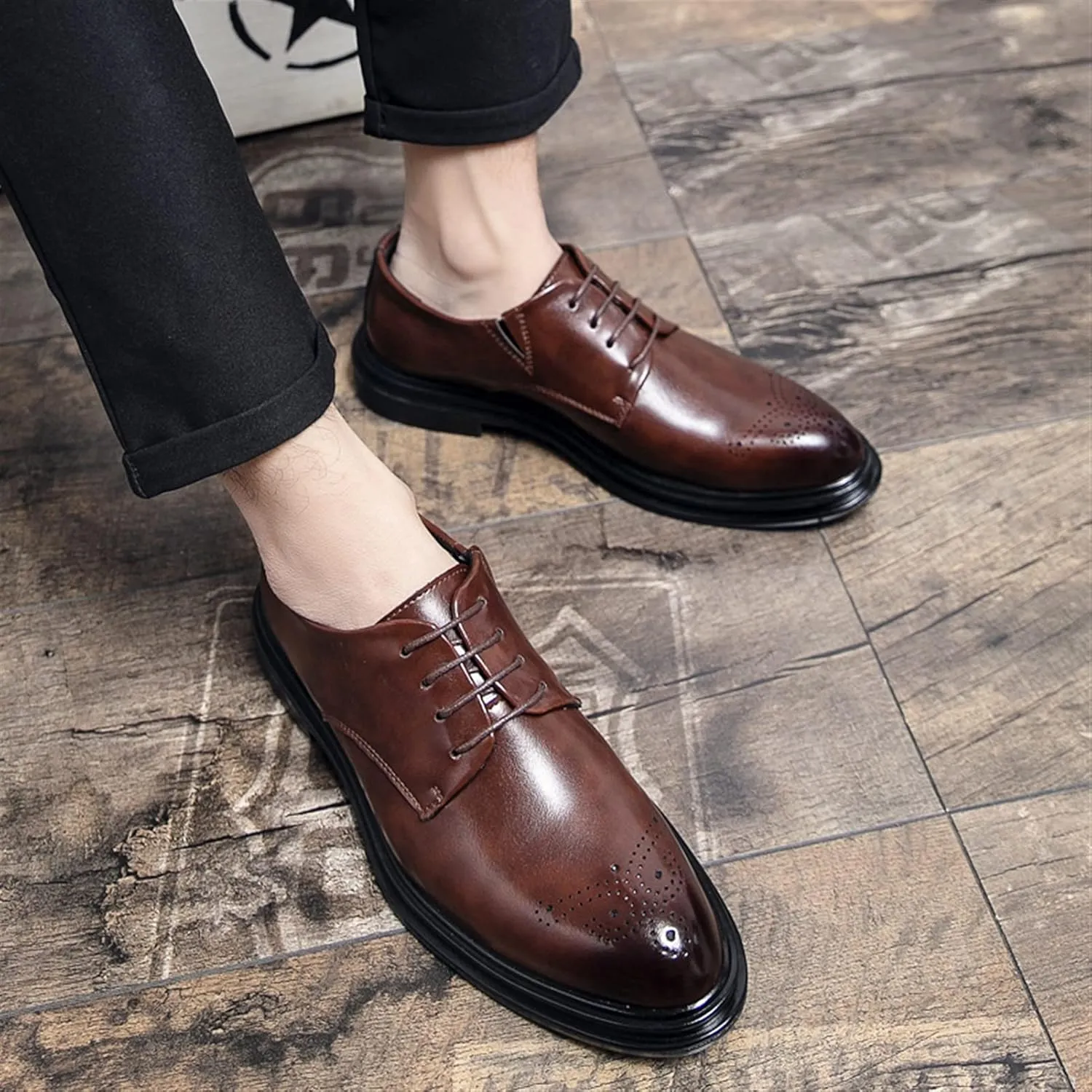 HOOENG Dress Shoes for Men Lace Up Derby Shoes Brogue Embossed Black Burnished Toe Vegan Leather Non Slip Anti-Slip Block Heel Low Top Rubber Sole Wedding