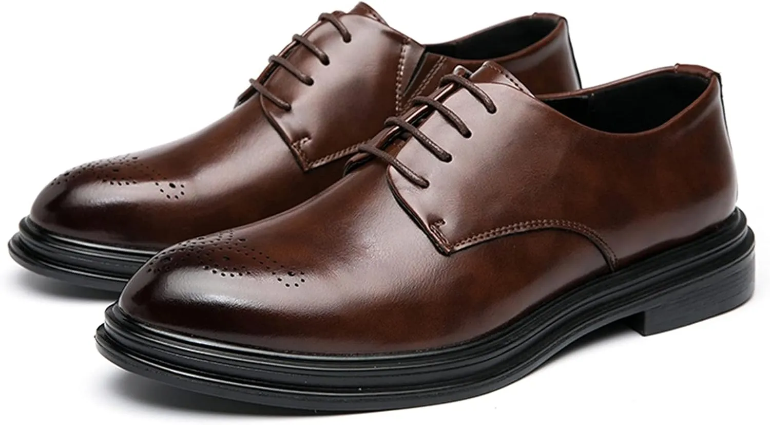HOOENG Dress Shoes for Men Lace Up Derby Shoes Brogue Embossed Black Burnished Toe Vegan Leather Non Slip Anti-Slip Block Heel Low Top Rubber Sole Wedding