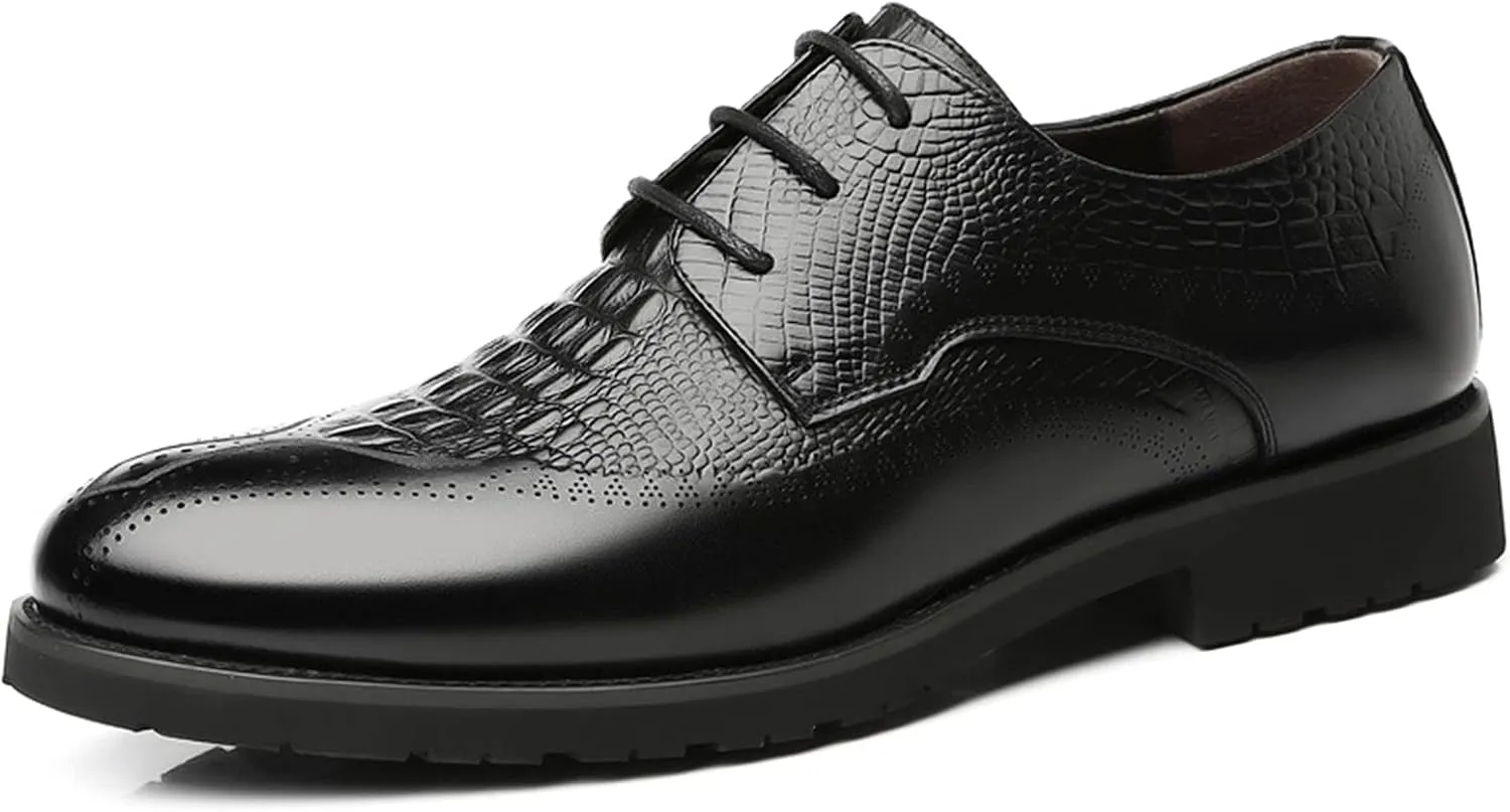 HOOENG Formal Dress Shoes for Men Lace Up Crocodile Embossed Derby Shoes Brogues Burnish Round Toe Vegan Leather Anti-Slip Low Top Slip Resistant Business
