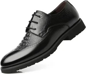 HOOENG Formal Dress Shoes for Men Lace Up Crocodile Embossed Derby Shoes Brogues Burnish Round Toe Vegan Leather Anti-Slip Low Top Slip Resistant Business