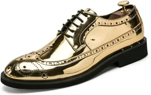 HOOENG Formal Oxford Shoes for Men Lace Up Brogue Embossed Wing tip Shiny Derby Shoes Vegan Leather Anti-Slip Non Slip Block Heel Rubber Sole Low Top (Color : Golden, Size : 8)