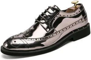 HOOENG Formal Oxford Shoes for Men Lace Up Brogue Embossed Wing tip Shiny Derby Shoes Vegan Leather Anti-Slip Non Slip Block Heel Rubber Sole Low Top (Color : Silver, Size : 7)