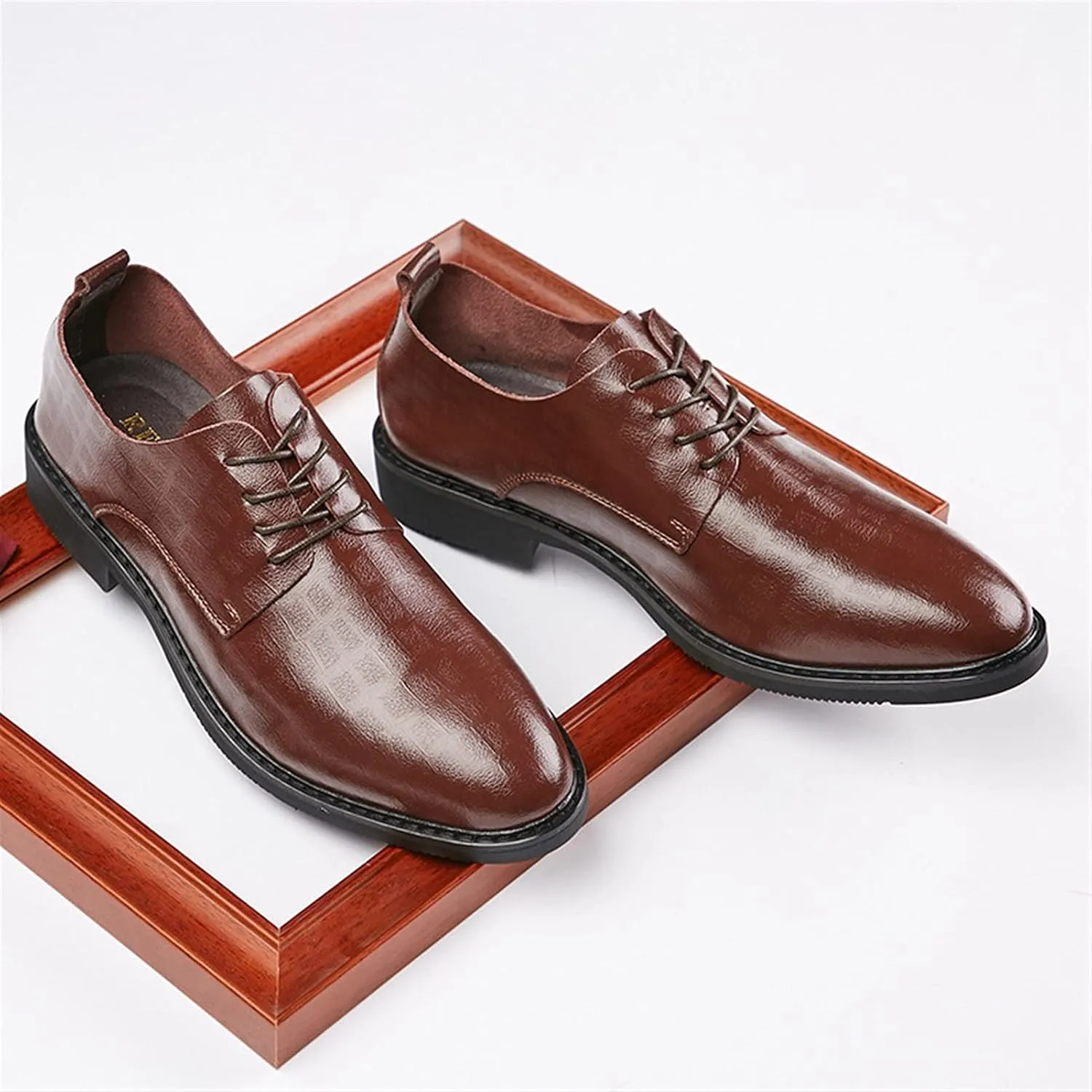 HOOENG Formal Shoes for Men Lace Up Derby Shoes Round Toe Plaid Genuine Leather Rubber Sole Block Heel Low Top Resistant Non Slip Prom