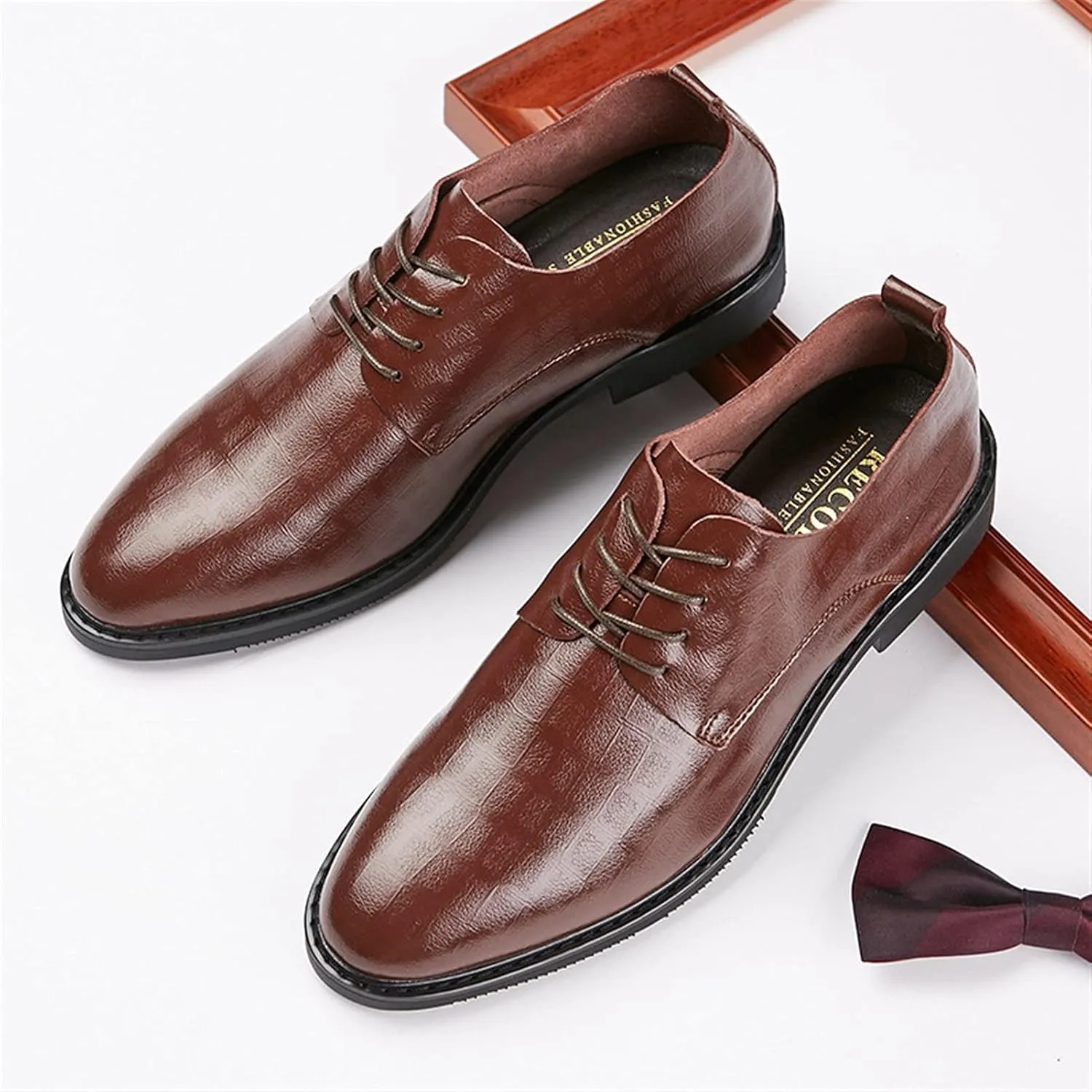 HOOENG Formal Shoes for Men Lace Up Derby Shoes Round Toe Plaid Genuine Leather Rubber Sole Block Heel Low Top Resistant Non Slip Prom