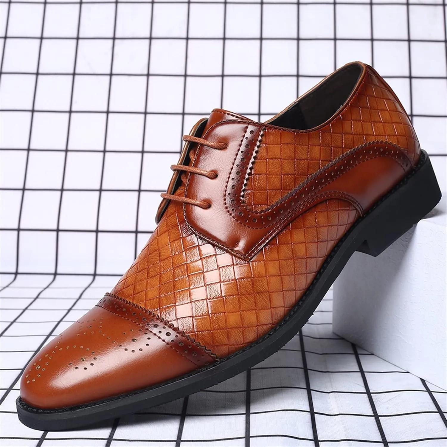 HOOENG Oxford Dress Shoes for Men Lace Up Brogue Plaid Cap Toe Derby Shoes PU Leather Rubber Sole Block Heel Resistant Non Slip Anti-Slip Prom
